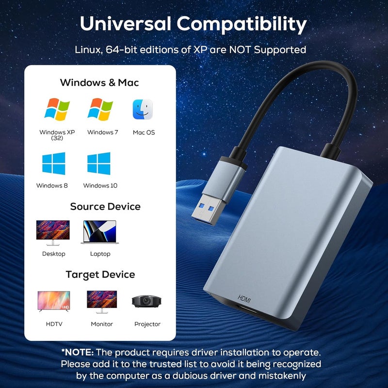 Wenter USB to HDMI Adapter, USB 3.0 to HDMI Audio for Multiple Monitors 1080P Video Converter, Compatible with Mac OS,Windows 10/8.1/8/7 Driver Installation Required - Image 2